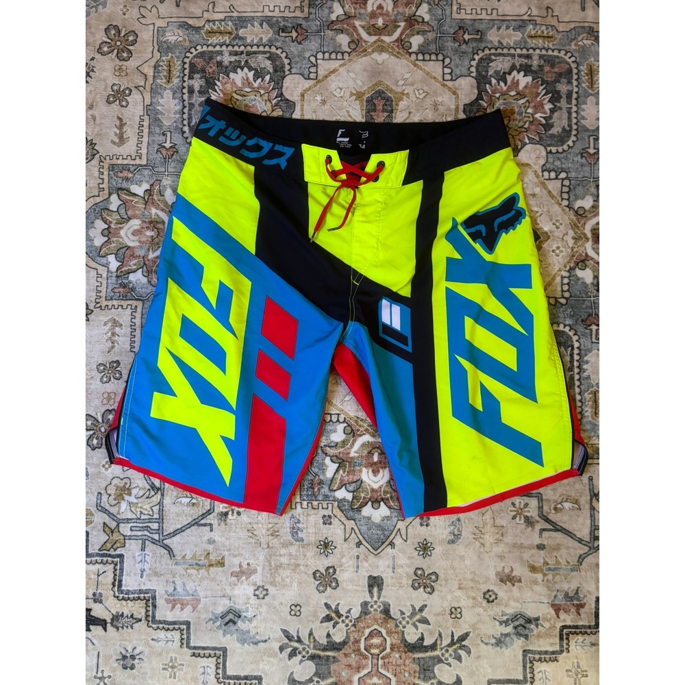 Fox Racing Mens Board Shorts Neon Yellow Blue Red Colorblock Swim Trunks Size 34